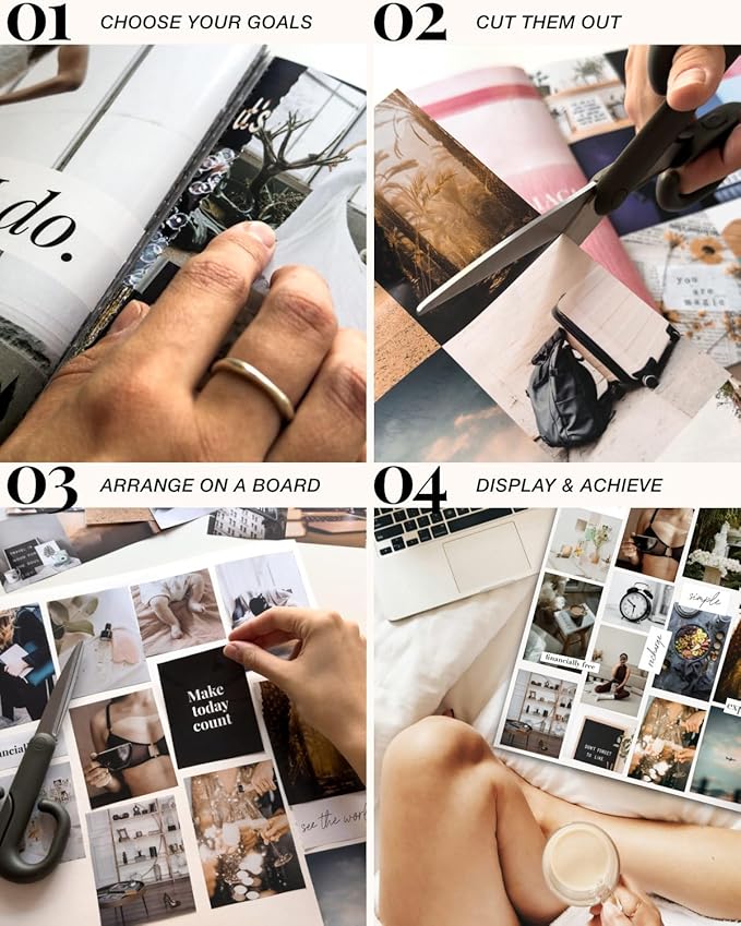 Vision Board Book Magazine for Women - 1000+ Diverse Pictures, Quotes, Self-discovery Exercises | Complete Collage Clip Art Supplies Kit for Adults | Ideal for Vision Mood Board Party & Manifestation