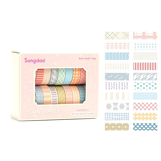 20 Rolls Basic Washi Tape Set Japanese Arts Adhesive Tapes Simple Patterns Decorative Masking Tape Sets for Craft, Kids, Scrapbook, DIY, Gift Wrapping (Style One)