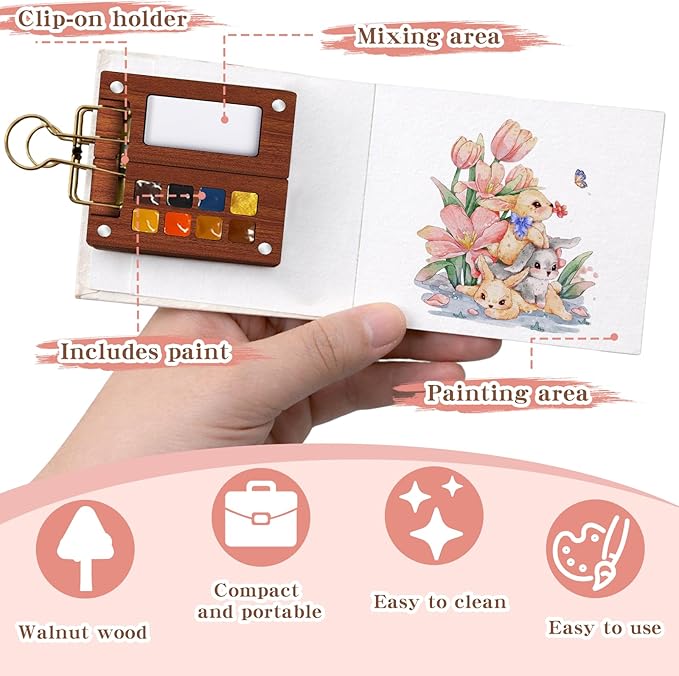 Mini Watercolor Paint Set – Travel Watercolor Set with 8 Color Palette, 300g Sketchbook, Water Brushes, Clip & Storage Bag, Pocket Size Portable Water Color Kit for Artists, Students & Beginners