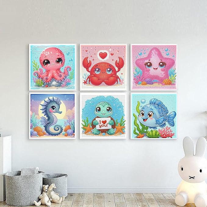 6 Pack 5D Cartoon Diamond Art Kits for Kids Ages 8-12,Cute Ocean Animals Diamond Painting for Kids Beginners,Full Drill Gem Art for Kids DIY Crafts for Girls 8-12,Gifts for 6 7 8 9 10 Year Old Girls