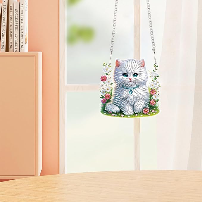 White Cat Diamond Painting Hanging Kit, 5D DIY Acrylic Diamond Art Pendant with Special Shaped Rhinestones, Stained Glass Style Wall, Door or Window Decoration, Handmade Craft Gift for Adults
