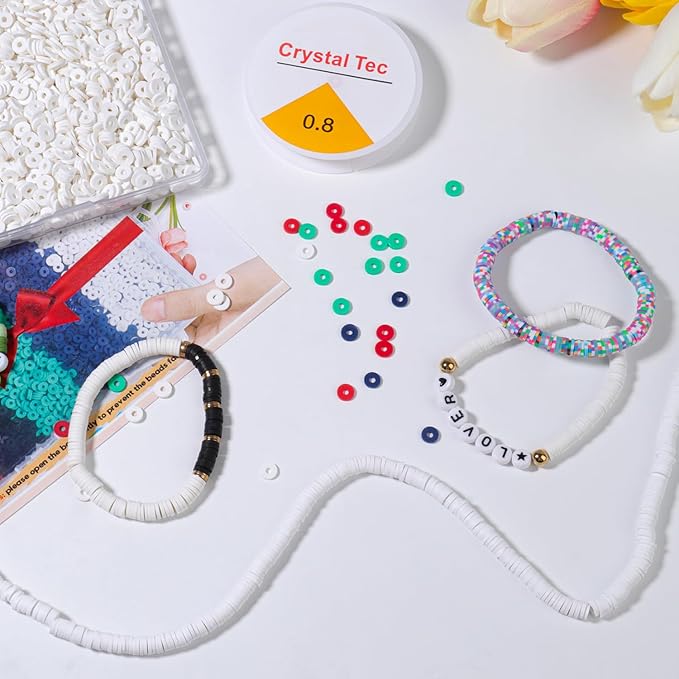 Yochus 4000pcs White Clay Beads Bracelet Making Kit, 6mm Flat Round Polymer Clay Disc Spacer Heishi Beads for Jewelry Making Earring Necklace