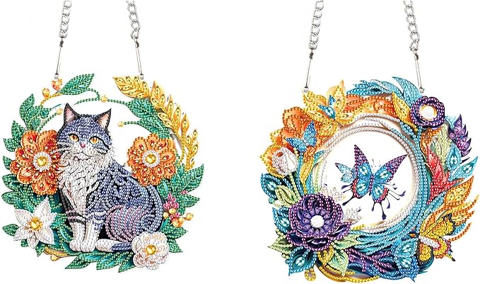 Flower Birdcage Design DIY Diamond Art Painting Wreath Kits Special Shaped Rhinestone Diamond Art Window Pendants Home Garden Wall Hanging Kits (Single Side Point Drill) (#11-Cat) (#16-2PC)