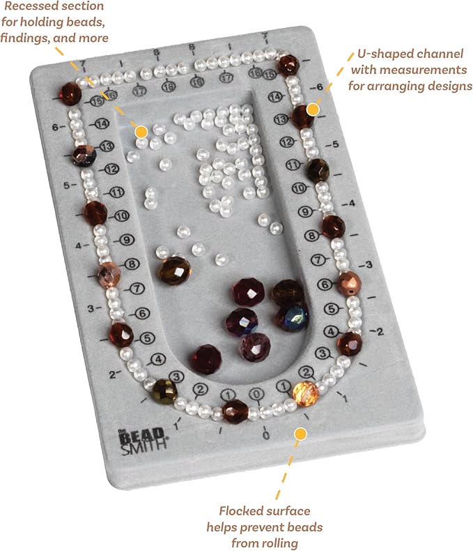 The Beadsmith Mini Bead Board, Grey Flocked, 16” U-Shaped Channel, 4 x 6.75 inches, Design Boards for Creating Bracelets, Necklaces and Other Jewelry