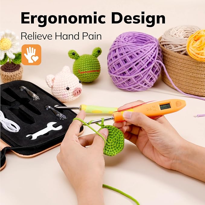 PP OPOUNT 18 Sizes Light Up Crochet Hook Set (2.0–14.0mm) - Plastic Rechargeable Lighted Hooks with LED & Digital Counter, Sliver Crochet Tools and Orange Counting Crochet Hook（Ambidextrous