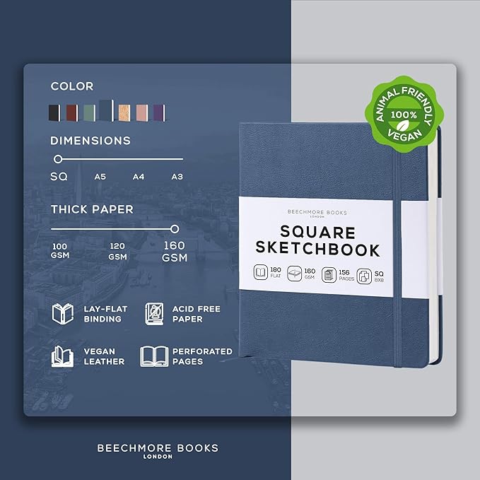 Beechmore Books Square Mixed Media Sketchbook - 8x8 Inch Professional Art Journal, 160 GSM / 98 lb Ivory Paper, Perforated Pages, Vegan Leather Hardcover, Lay-Flat Design for Drawing & Doodling