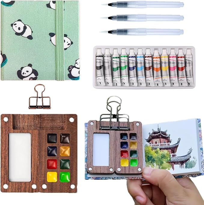 Aimery Mini Watercolor Paint Travel Set, Portable Small Miniature Pocket Water Color Painting Kit with Wooden Palette & Sketchbook(Panda)