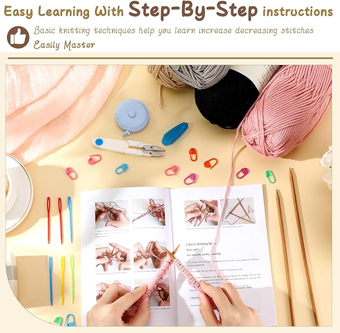 Maasechs 4 Pairs Knitting Kit for Beginners Adults Learn to Knit Gloves Hat Scarf Complete Knitting Crochet Starter Kit with Yarn Needles Stitch Markers Instruction Craft DIY Gift for Women Men Winter