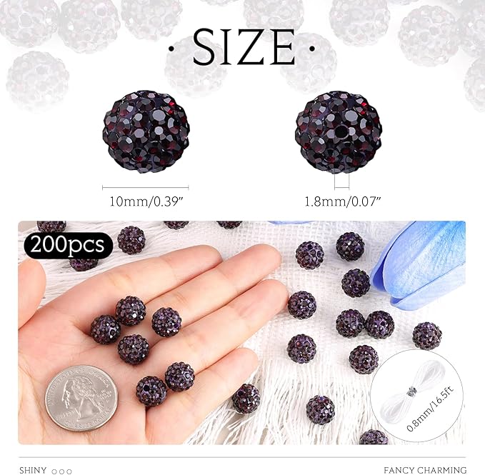 200 pcs fuchsia rhinestone beads for jewelry making, sparkle crystal clay christmas for bracelet baseball necklace earring crafting and diy, shiny round shamballa disco ball beads bulk