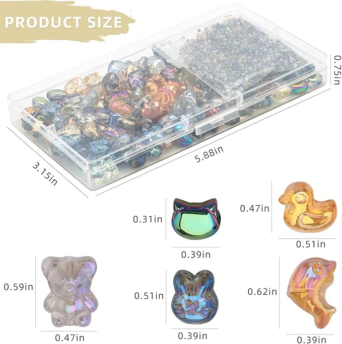 640pcs Shaped Animal Glass Beads for Jewelry Making, Shaped Cat/Rabbit/Duck/Bear/Dolphin Loose Spacer Beads for DIY Supplies Bracelets Necklaces Earrings