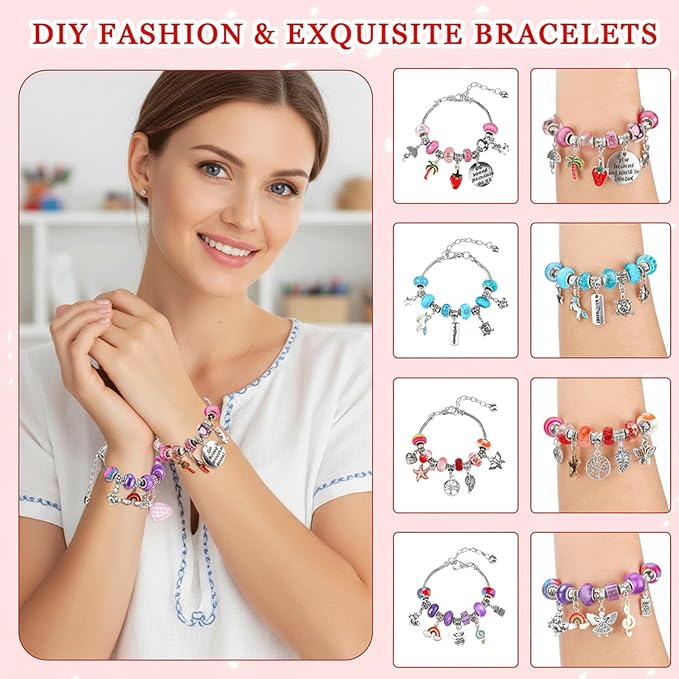Ferreve 231 Pcs Charm Bracelet Making Kit Snake Chain European Large Hole Beads Dangle Charm with Plastic Storage Box DIY Jewelry Making Craft Gifts for Women(6.3 Inch)