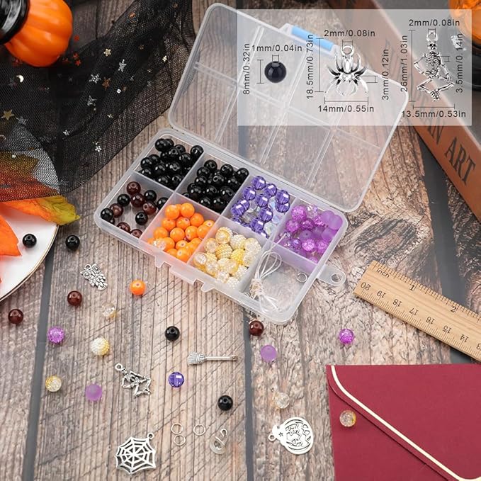 SUNNYCLUE 1 Box 6Pcs Halloween Bracelet Making Kit Tibetan Style Spider Charms Witch Hat Charm Pumpkin Skull Charms Black Purple Orange Round Glass Beads for Jewelry Making Kits Beading Supplies