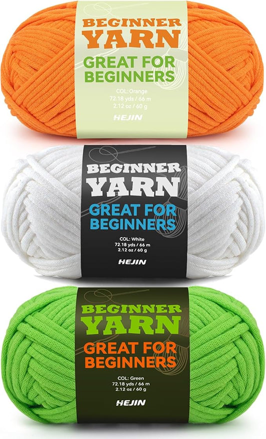 3x60g Orange+White+Green Yarn for Crocheting and Knitting;3x66m (72yds) Cotton Yarn for Beginners with Easy-to-See Stitches;Worsted-Weight Medium #4;Cotton-Nylon Blend Yarn for Beginners Crochet Kit