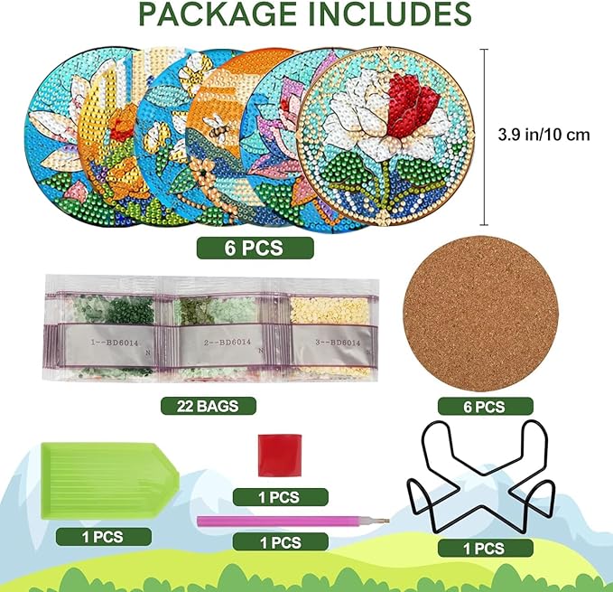 EWJRNSF 6 PCS Small Diamond Art Coasters Kits, Diamond Painting Coasters, Fall Diamond Art Kits for Adults Beginners, Arts and Crafts Item Sets with Holder for Drinks. Flowers