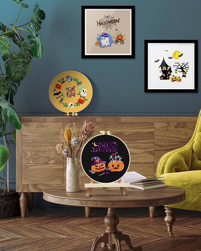 TINDTOP Halloween Embroidery Kit for Adult, 4 Pack Embroidery DIY Starter Kit, with Stamped Patterns, Hoop, Tools, Colorful Threads with Needles, Instructions