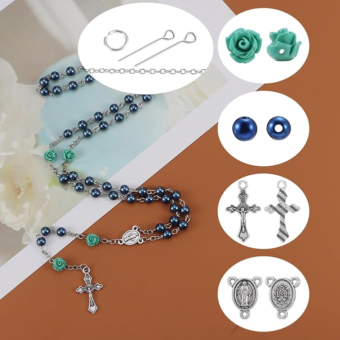 OEMOO 1410PCS Rosary Jewelry Making Kit Rosary Prayer Making Supplies Carved Rose Beads Cross Centerpiece Crucifix Medal Kit First Communion Necklace Set for Rosary Necklace Jewelry Making (Blue)