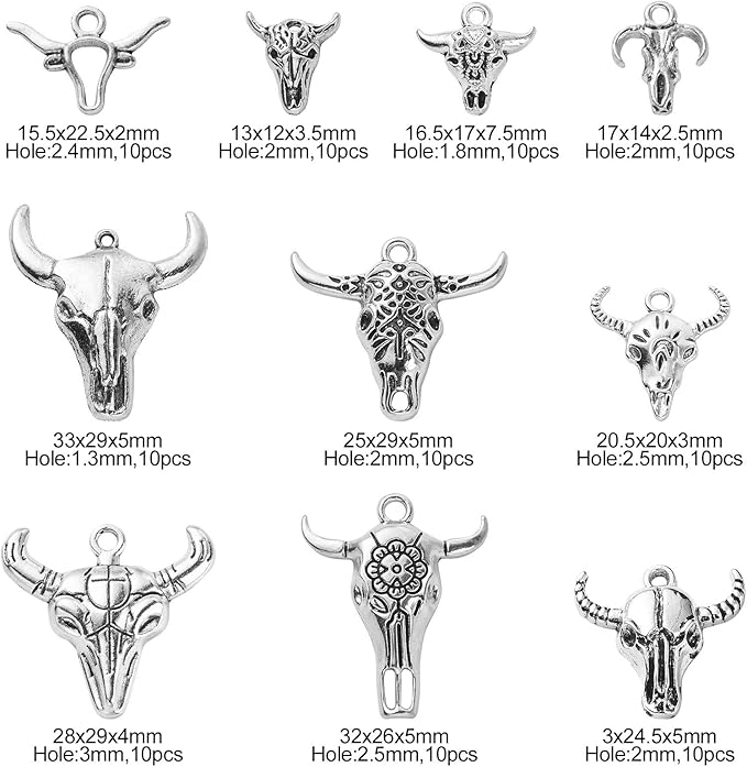 DanLingJewelry 100Pcs 10 Styles Antique Silver Cow Charms Western Cattle Head Charms for Jewelry Craft Making