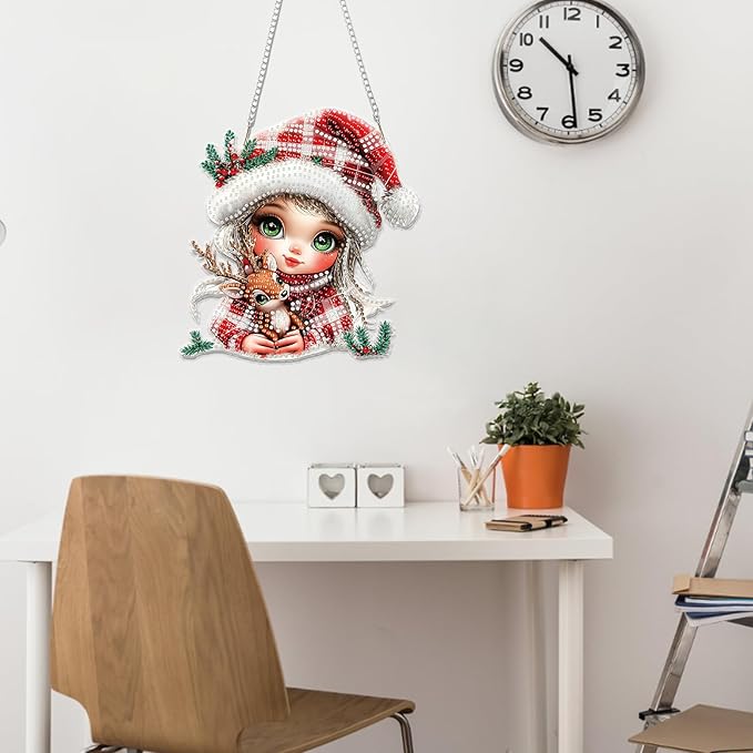 Miwixy Christmas Hanging Diamond Art Kits for Adults,Cute Xmas Deer Special Shaped Crystal Fairy Diamond Painting Ornament Kit DIY Double-Sided Pattern Window Pendant Gem Art Kit for Home Wall Decor