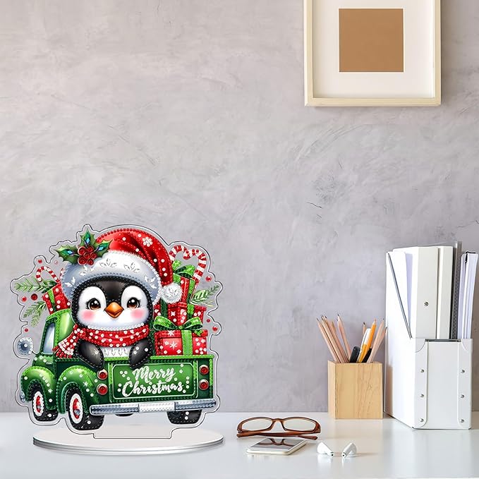 VODAPYC Christmas Penguin Diamond Art Tabletop Painting Kit, DIY Stand Up Double Sided Special Shaped Gnome Diamond Painting Desktop Ornament(Christmas Penguins Truck)
