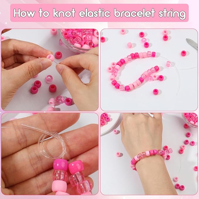 1200Pcs 6x9mm Pony Bead for Bracelet Making Kit, 5 Style Pink Colors Kandi Beads Bulk for Friendship Bracelet Kit, Hair Beads for Braids with Stretch Cord and Scissors