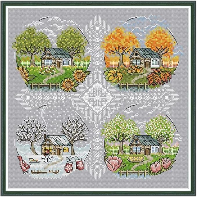 CaptainCrafts Cross Stitch Kits for Adults Counted Cross Stitch Unprinted Fabric Cross Stitching DIY Art DMC Needlecrafts Embroidery Kit for Adults (White, Cottage Scenery Four Seasons)