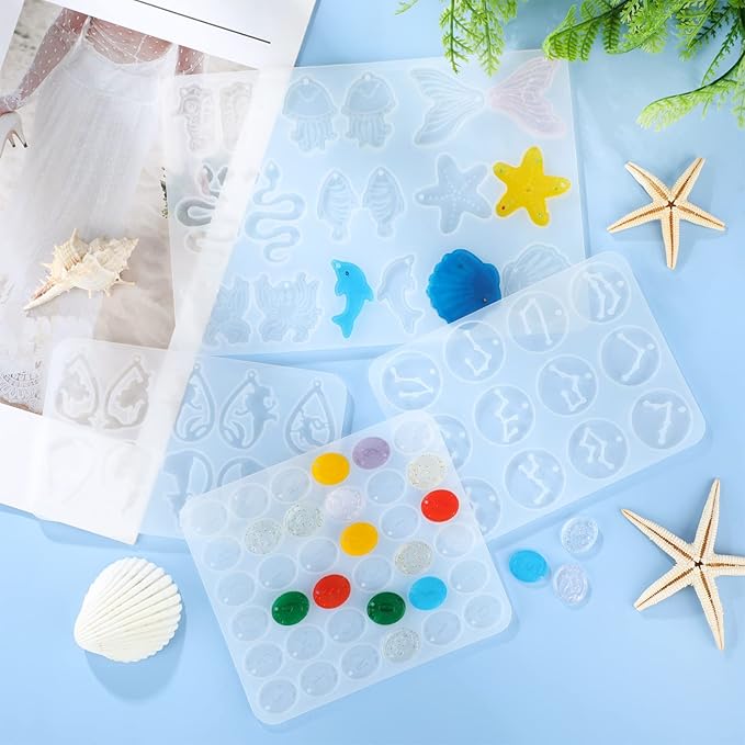 Patelai 4 Pcs Resin Earring Molds Irregular Shaped Earrings Silicone Mold for Epoxy Resin Dangle Drop Jewelry Making Kit for Women DIY Crafts Necklace Pendants Keychain(Mermaid Ocean)