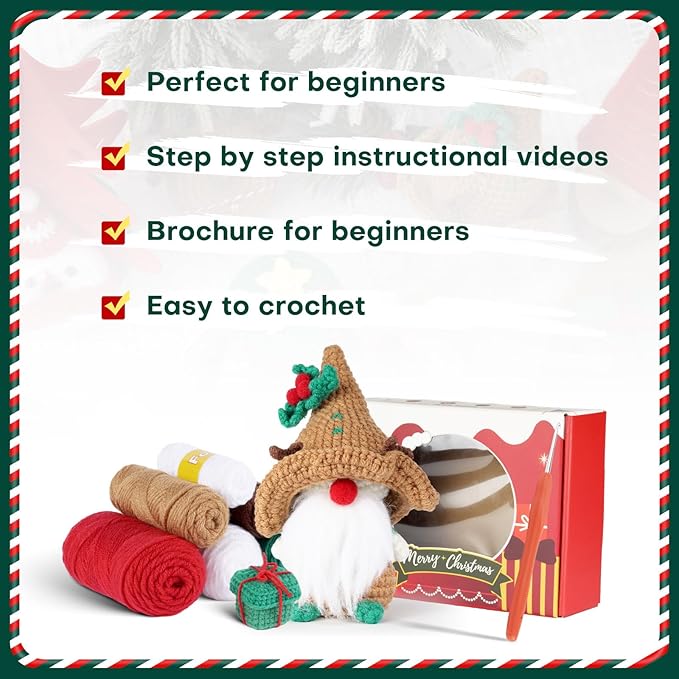 Crochet Set - Beginner Friendly Crochet Set with Step-by-Step Teaching Videos and Crochet Pattern Manuals (Brown Christmas Dwarf)