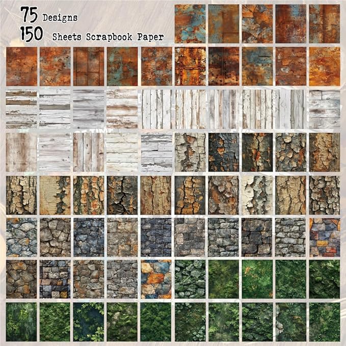 150 Sheets Rustic Textures Vintage Scrapbook Paper, 3.7x5.5 Inch, 5 Assorted Set Background Decorative Paper Ephemera for Junk Journaling Supplies, Scrapbooking, Collage