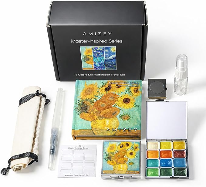 mini watercolor travel set, 12 Color Watercolor Paint Set (Pearl Shimmer) in Metal Tin with 300gsm Sketchbook, Portable Art Kit for Travel & Beginners (Inspired by Sunflowers)
