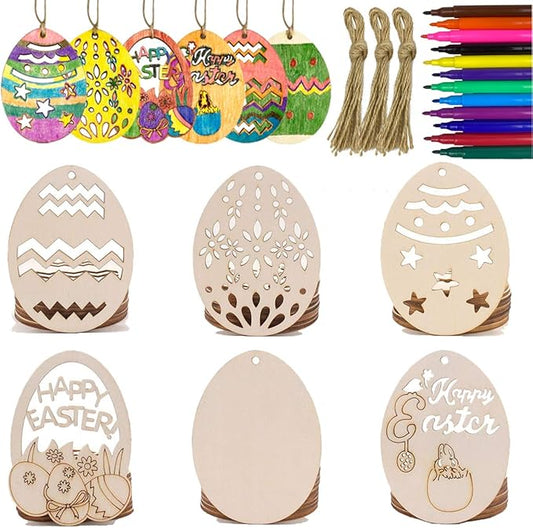 Anditoy 30 PCS Easter Wooden Hanging Ornaments Unfinished Wood Slices Eggs Easter Crafts for Kids DIY Decorations Party Supplies