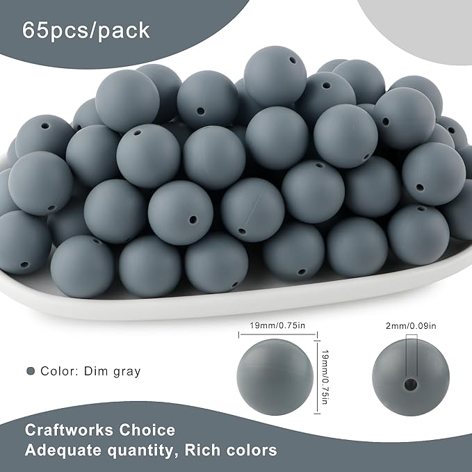 65Pcs 19mm Silicone Beads for Keychain Making Bracelet Necklace, Bulk Round Silicone Beads for Pens（Dim Gray）
