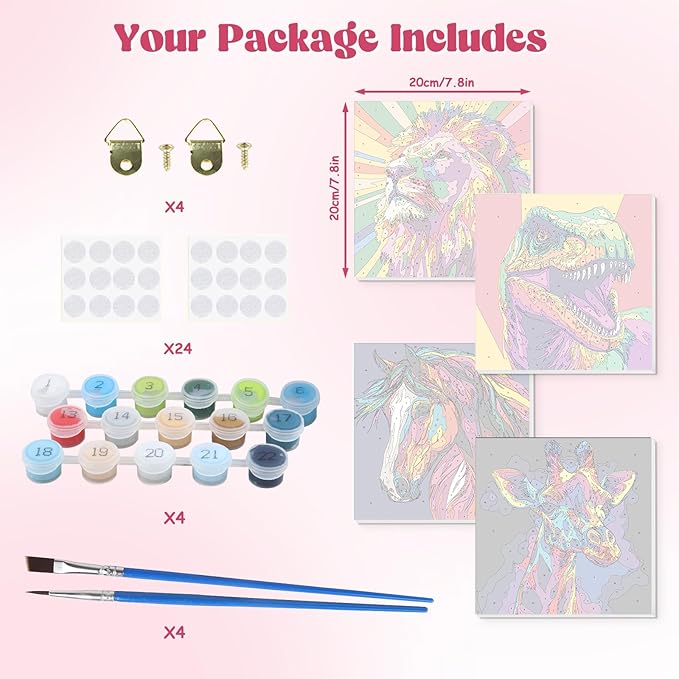 Lxmsja 4 Pack Pop Neon Animal Paint by Numbers Kit for Adults, Easy Framed Paint by Numbers for Adults Beginner, DIY Acrylic Oil Painting Craft Kits for Home Wall Decor 8x8 inch