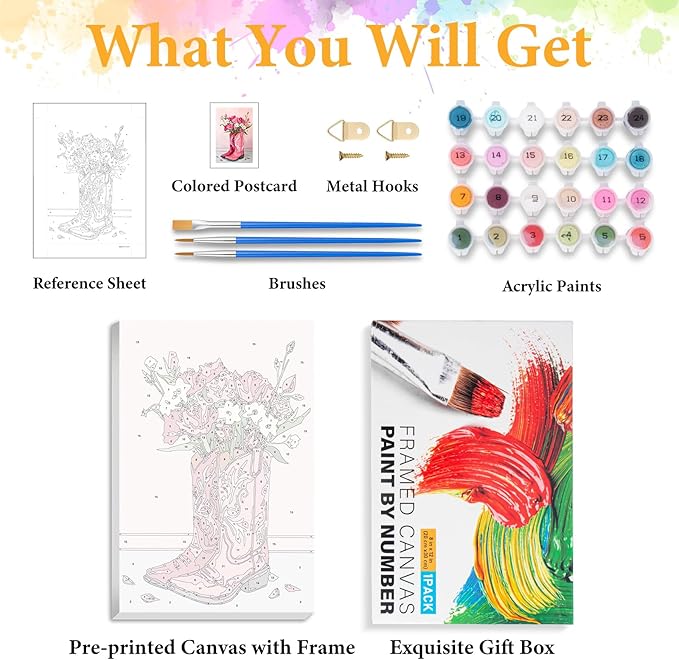 Framed Paint by Numbers Kit for Adults Beginner Pink Boot, Adult Paint by Number Kits on Canvas Framed Flower, DIY Acrylic Oil Painting by Numbers with Frame, Perfect for Home Decor Gift 8 X 12 Inch