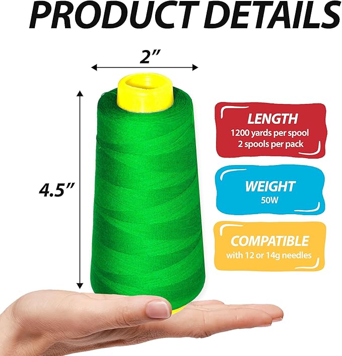 Mandala Crafts Green Thread Cones for Machine and Hand Quilting - 2400 Yds 50 WT Multiple Purpose Mercerized 100% Cotton Threads for Sewing Machine Serger Embroidery