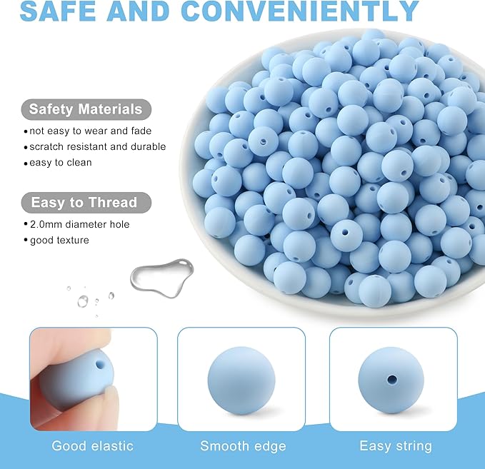 160Pcs 12mm Silicone Beads for Keychain Making Bracelet Necklace, Bulk Round Silicone Beads for Pens（Pastel Blue）