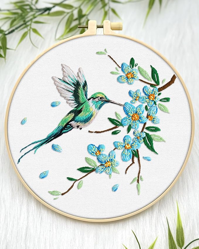 ERKOON Embroidery Kit for Beginners, Hummingbird and Flower Cross Stitch Set for Include Embroidery Cloth Hoops Threads for Craft Lover Hand Stitch with Embroidery Skill Techniques (Green Hummingbird)