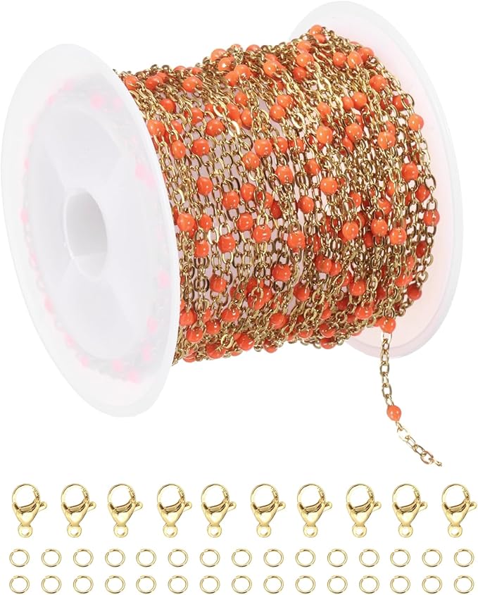 MECCANIXITY Stainless Steel Bead Chain, 16.4 Feet/5M Enamel Beaded Jewelry Link Cable Chains Spool Kit for Jewelry Making, Necklace, Bracelets, DIY Crafts (Gold/Orange, Pack of 1)