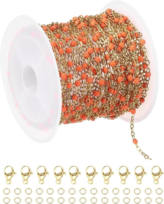 MECCANIXITY Stainless Steel Bead Chain, 16.4 Feet/5M Enamel Beaded Jewelry Link Cable Chains Spool Kit for Jewelry Making, Necklace, Bracelets, DIY Crafts (Gold/Orange, Pack of 1)