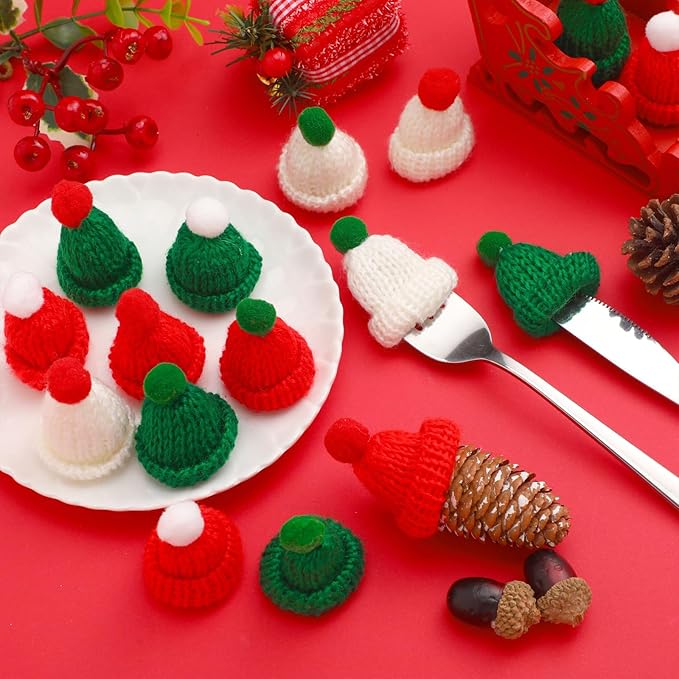 60 Pcs Mini Christmas Knit Hat and Scarf Set, Santa Christmas Tree Ornaments, Cup Bottle Xmas Doll Crafts for DIY Craft Art Decoration (Bright Color)