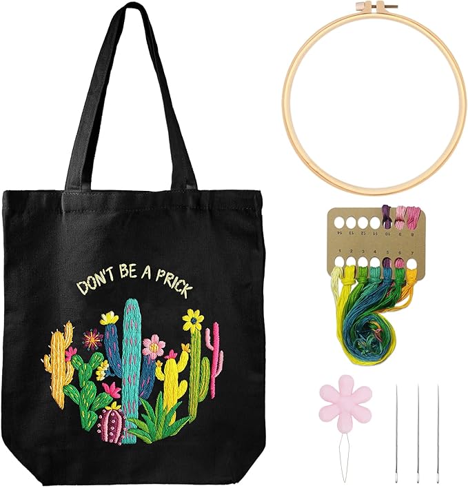 Louise Maelys Cactus Embroidery Kit Canvas Tote Bag for Beginners,Cross Stitch Kits for Adults,DIY Funny Plant Flowers Pattern,Women Shopping Reusable Grocery Bags
