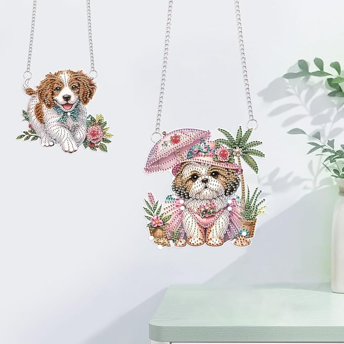 JISHSHAY 2 PCS Diamond Painting Pendant 5D DIY Dog Diamond Art Wind Chime Special Shaped Crystal Crystal Suncatcher Garden Wind Chimes Diamond Art Keyrings Pendant Necklace Diamond Art Kits Adults