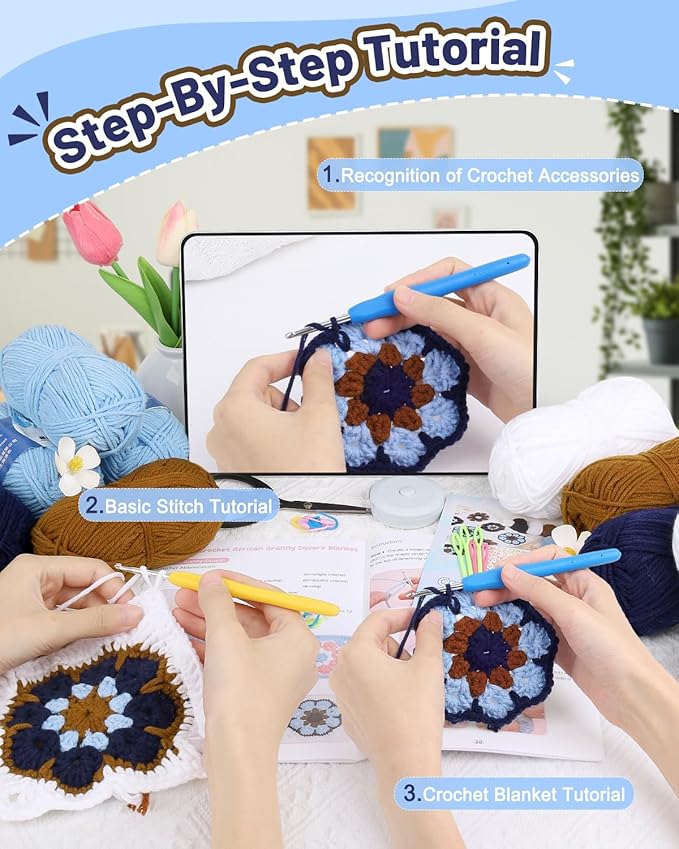 Coopay Crochet Blanket Kit for Beginners, All-in-One Granny Square Blanket Kit with Step-by-Step Video & Enough Yarns - Master Granny Square Crocheting Easily, Ideal Gift for Craft Lovers (Mocha Blue)