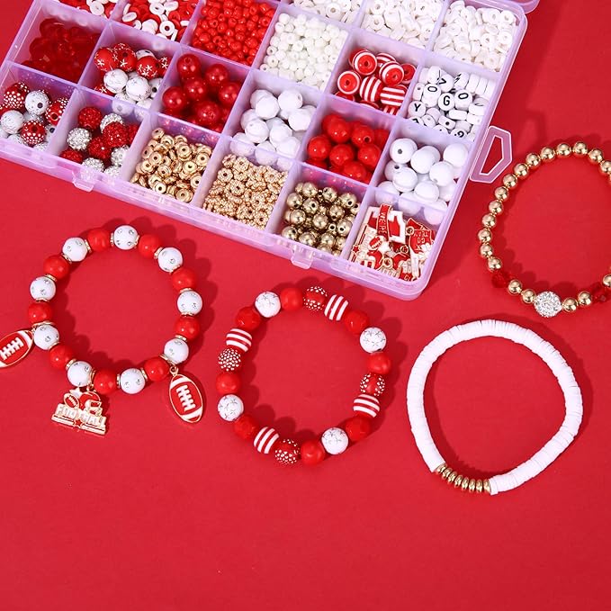 HSWE Game Day Beads for Bracelets Making Kit,Red White Heishi Clay Pearl Letter Assorted Round Beads Gold Spacer Beads with Football Charms for DIY Bracelet Necklace Jewelry Making,2100PCS+