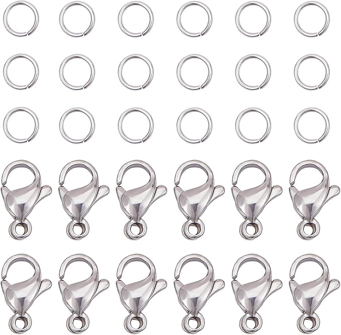 PandaHall 100pcs 304 Stainless Steel Lobster Claw Clasps with 300 pcs 6mm Open Jump Rings Necklace Clasps and Closures for Earring Bracelet Pendants Jewelry DIY Craft Making, Stainless Steel Color