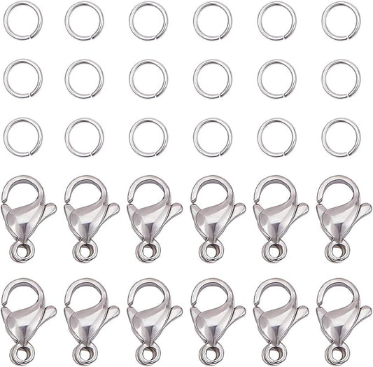 PandaHall 100pcs 304 Stainless Steel Lobster Claw Clasps with 300 pcs 6mm Open Jump Rings Necklace Clasps and Closures for Earring Bracelet Pendants Jewelry DIY Craft Making, Stainless Steel Color