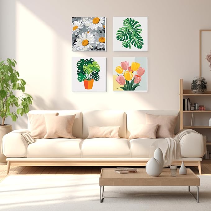 Lxmsja 4 Pack Bold Botanicals Paint by Numbers Kit for Adults, Easy Framed Paint by Numbers for Adults Beginner, DIY Acrylic Oil Painting Craft Kits for Home Wall Decor 8x8 inch