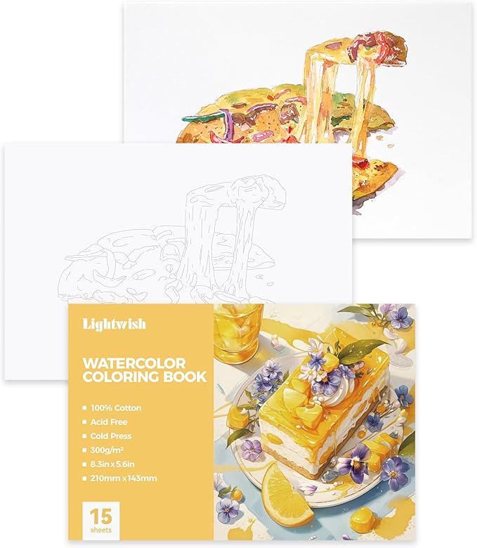 Lightwish Watercolor Coloring Book for Adults & Beginners,100% Cotton 300gsm/140lb Acid-Free Cold Press Paper, 8.3 x 5.6 Inches,15 Sheets,Food-Themed