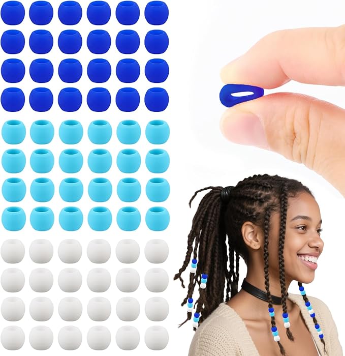 AD Beads 216PCS 6x9mm Soft Pony Silicone Beads for Hairstyle, Blue Series with 80 Elastic Bands, Tool and Storage Box Kit for Braids, Bracelet, Crafts.