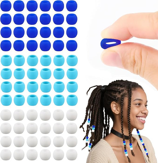 AD Beads 216PCS 6x9mm Soft Pony Silicone Beads for Hairstyle, Blue Series with 80 Elastic Bands, Tool and Storage Box Kit for Braids, Bracelet, Crafts.