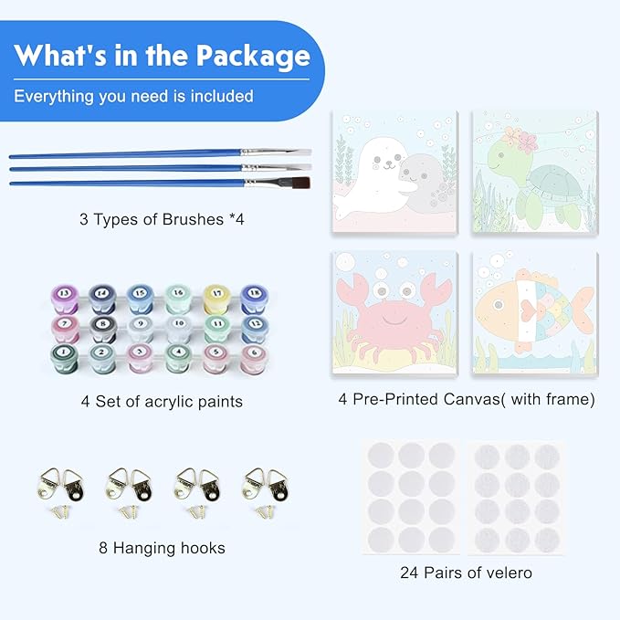 4 Pack Paint by Number for Kids with Wooden Frame, Cute Seal, Turtle, Fun Crab, Fish Paint by Numbers for Kids Ages 8-12, Cartoon, DIY Acrylic Oil Painting for Beginners for Home Wall Decor 8X8 inch